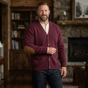 Chaps Cardigan Sweater Mens XL Maroon Elbow Patches V-Neck Knit Pockets
